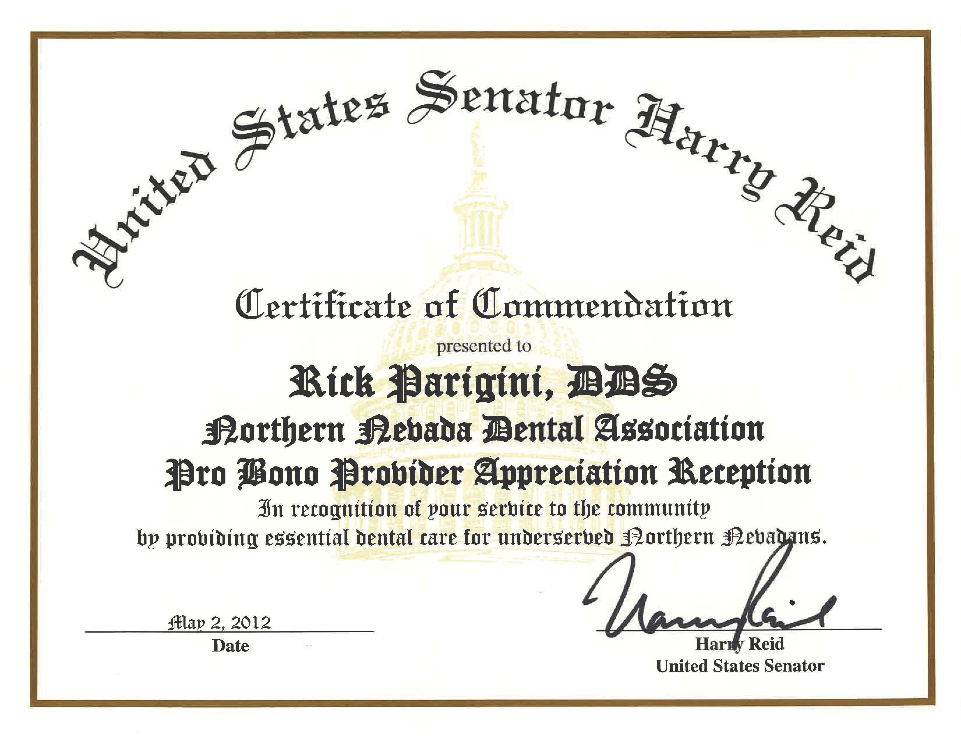 commendation from sen reid